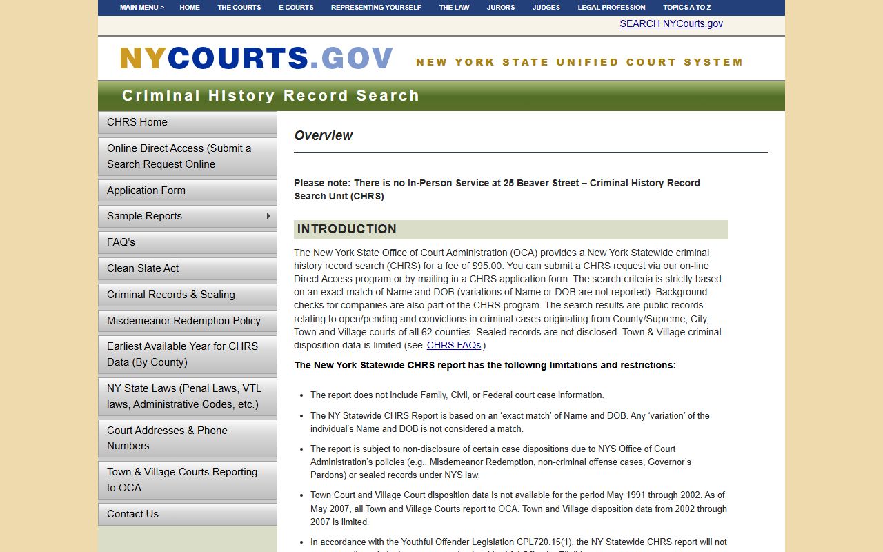 NYS Office of Court Administration Criminal History Record Search portal