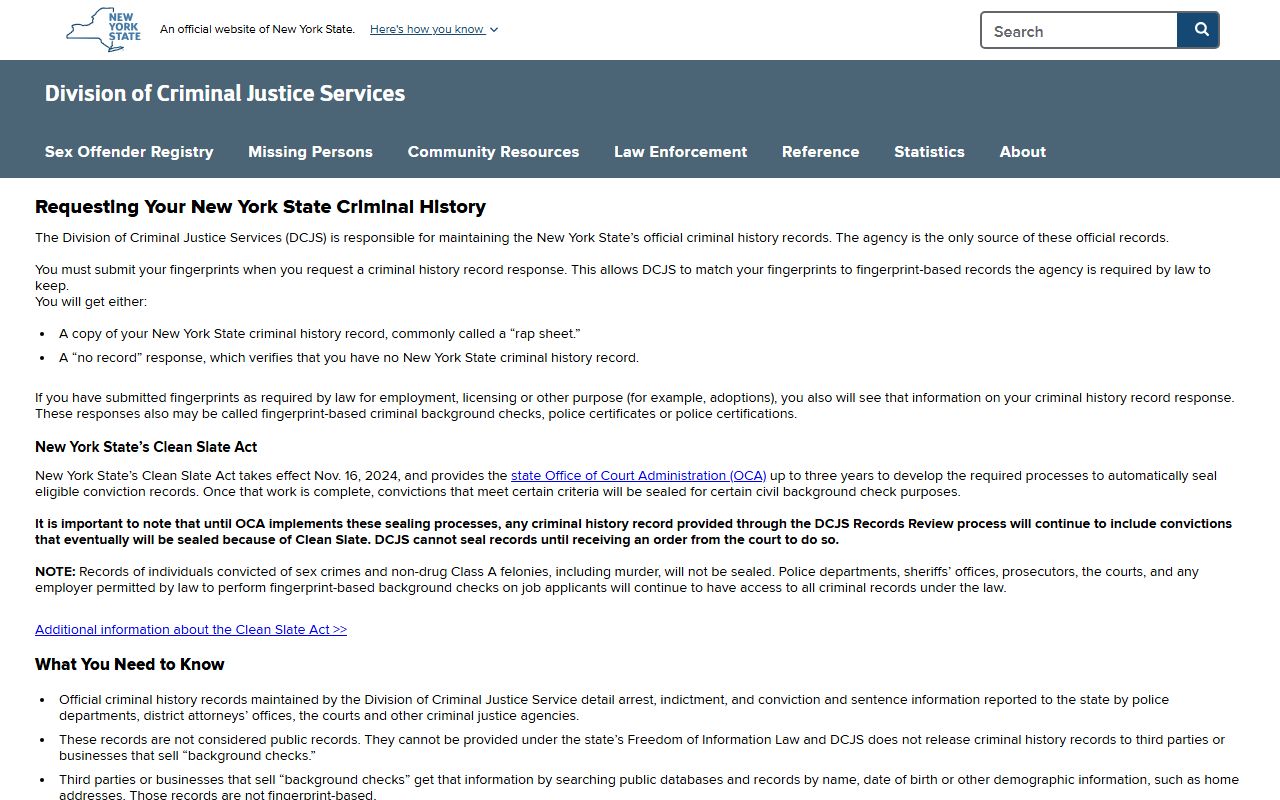 NYS Division of Criminal Justice Services record review information page