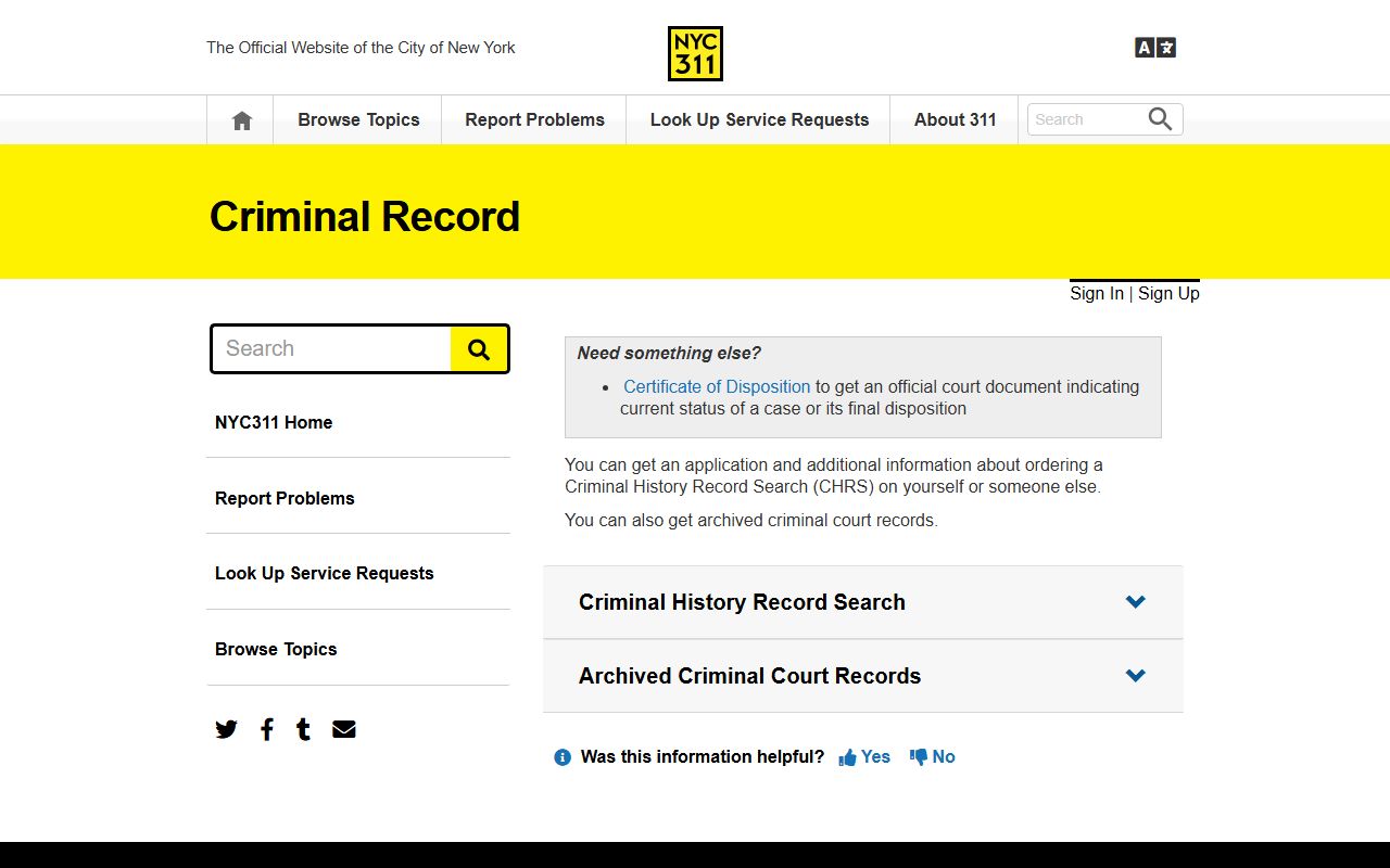 NYC 311 Criminal History Record Search information page